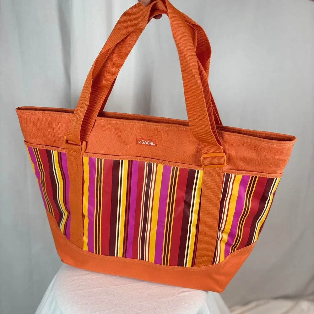 Sachi Orange Striped Insulated‎ Big Tote Bag Cooler Bag